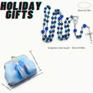 Virgin Mary & Blue Rose Rosary Gift Set - Coin Purse & Necklace, Vintage Religio